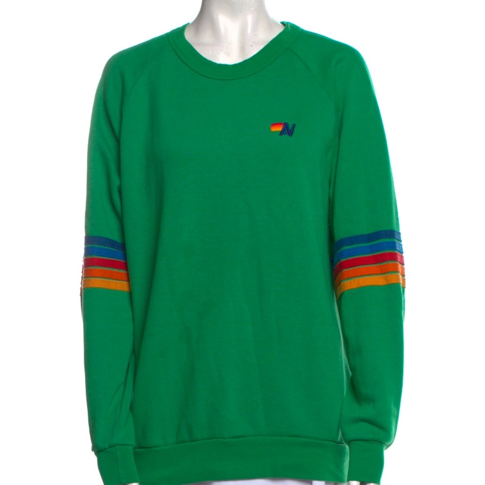 Aviator Nation Green Crewneck Sweater with Rainbow Stripes